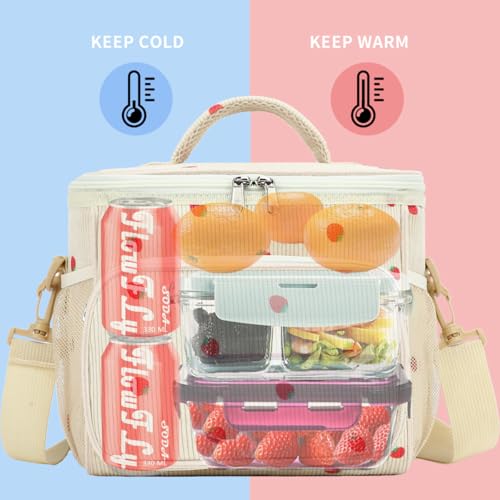 FlowFly Insulated Reusable Lunch Bag Adult Large Lunch Box for Women and Men with Adjustable Shoulder Strap,Front Zipper Pocket and Dual Large Mesh Side Pockets, Corduroy Strawberries Beige - color: Corduroy Strawberries Beige