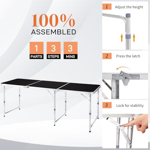 Outvita 6ft Portable Folding Camping Table, Outdoor Waterproof Adjustable Height Table, Aluminum Lightweight Suitcase Foldable Table for Picnic BBQ Beach Dining - color: Black, size: 71*24*28
