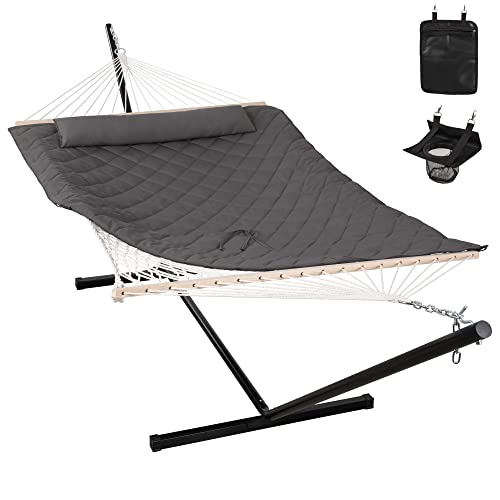 ANOW Outdoor Hammock with Stand 12FT, Heavy Duty Hammock with Steel Stand, Included Detachable Pillow and Pad, 450 LBS Weight Capacity, Gray - color: Grey, size: With Stand