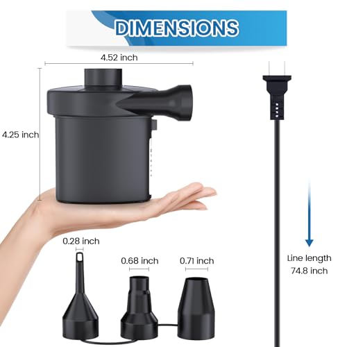 Electric Air Pump for Inflatables, VANNPOOY Portable Air Mattress Pump, Quick Inflate Deflate Plug in Air Pump with 3 Nozzles, Blow up Pool Float Inflator Pump for Airbed Toys Boat Couch Swimming Ring