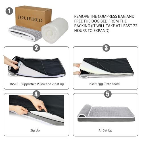 Orthopedic XL Dog Bed Large Sized Dog with Pillow 48''X30'', Waterproof Soft Comfortable Egg Crate Foam Pet Crate Beds Mat with Removable Washable Cover and Non-Slip Bottom, Cream - color: Cream, size: 48"l X 30"w X 3.5"th