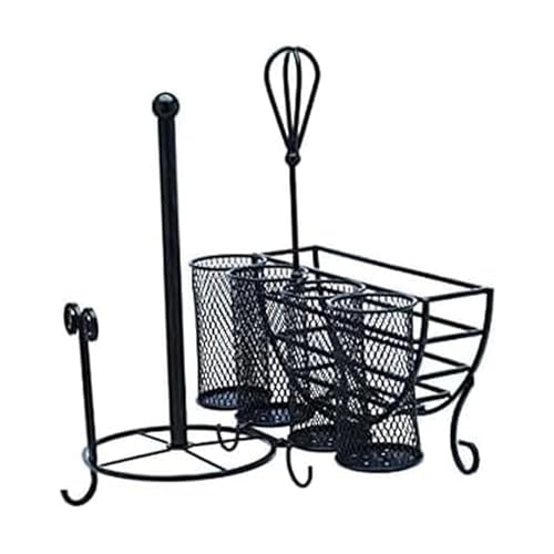 Mikasa Gourmet Basics Avilla Picnic Caddy, Antique Black Finish, Paper Plate Organizer with Flatware Canisters and Paper Towel Spindle, 15 x 14 x 13 in