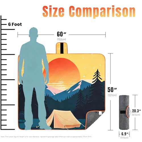Tirrinia Waterproof Outdoor Blanket with Sherpa Lining, Windproof Triple Layers Warm Comfy Foldable for Camping Stadium, Beach, Picnic, Grass, Concerts, Car, Dog, 51''X 59'' & 59''X 80'' - color: Orange Sun, size: 51” x 59”