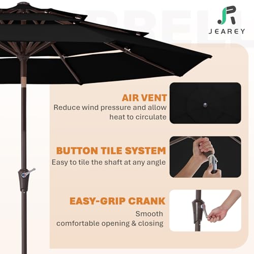 JEAREY 9FT 3 Tier Patio Umbrella Outdoor Market Umbrella Table Umbrellas with 8 Ribs 1.5 Pole Push Button Tilt and Crank UV Protection for Garden,Black - color: Black