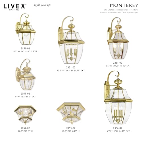 Livex Lighting 2051-02 Monterey 1 Light Outdoor Polished Brass Finish Solid Brass Wall Lantern with Clear Beveled Glass - color: Polished Brass