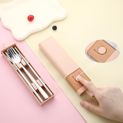 DEVICO Travel Utensils with Case, 18/8 Stainless Steel Reusable Silverware Set for Lunch Box, Portable Cutlery Set, Fork and Spoon Set for Camping, Lunch, Picnic, Workplace, School (Pink) - color: Pink