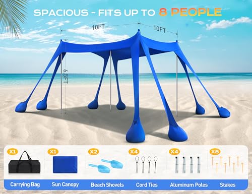 Rengue Beach Tent, Beach Canopy UPF50+ UV Protection, 10x10ft Beach Shade Sun Shelter with 8 Sandbags, Sand Shovels, Ground Pegs, Stability Poles for Camping, Fishing, Picnic, Backyard Fun, Royal Blue - color: Royal Blue