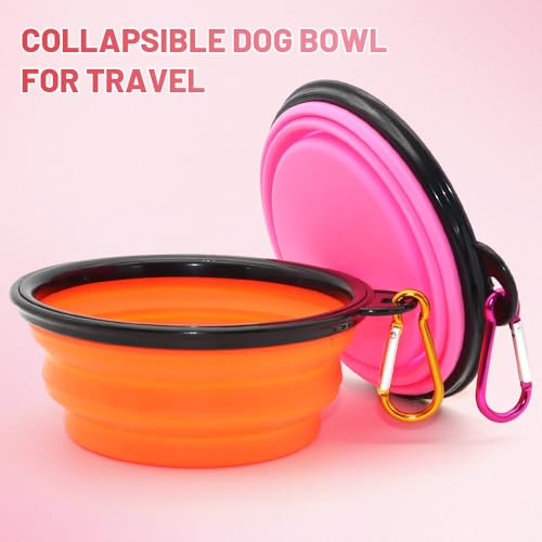 SLSON Collapsible Dog Bowls, 2 Pack, Portable Pet Feeding Watering Dish for Traveling with Carabiners (Small, Orange+Pink) - color: Orange+Pink, size: Small