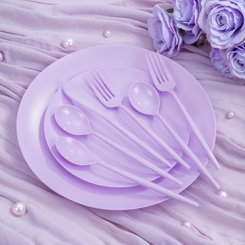 EI 150pcs Purple Plastic Plates for Party,Fancy Disposable Plates,Heavy Duty Plastic Dinnerware Set for Wedding,Easter,Afternoon Tea Party,Spring,Mother's Day,Valentine's Day - color: Purple Frosted Plastic Plates