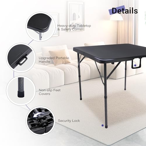 Byliable 34" Square Folding Card Table, Fold-in-Half Utility Dining Portable Table Heavy Duty HDPE Plastic Foldable with Carrying Handle Indoor Outdoor for Picnic, Camping, Party, Black - color: Dark Black