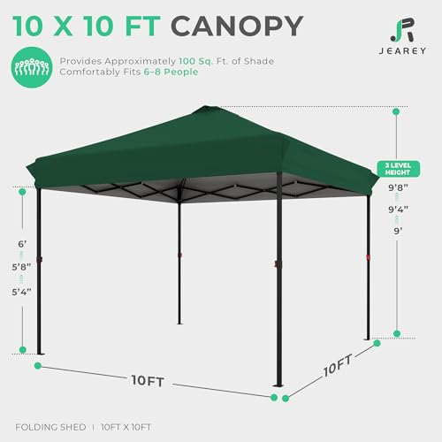 JEAREY 10x10 Pop Up Canopy Tent, Heavy Duty Outdoor Canopy with 1-Push Instant Setup, Commercial Tent with Roller Bag, 4 Sandbags and 8 Stakes, Water-Resistant – Dark-Green - color: Dark Green
