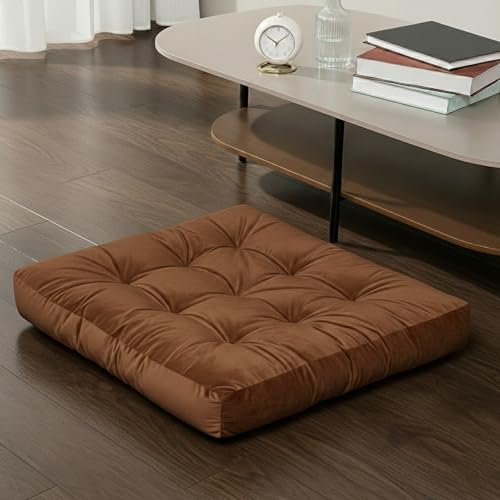 Meditation Cushion, Floor Cushion for Adults, Velvet Floor Pillow for Sitting, Tufted Seat Cushion for Yoga, Living Room, Bedroom & Reading Nook, Machine Washable, 22 x 22 Inch, Brown - color: Brown, size: 1pack