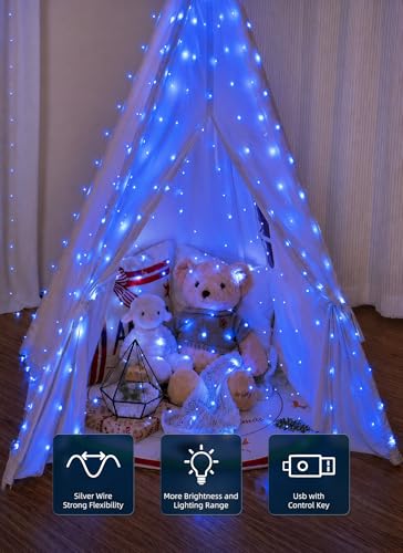 Brightown 300 LED Blue Fairy Curtain Lights, 9.8ft x 9.8ft String Lights, USB Plug in 8 Lighting Modes Christmas String Hanging Lights with Remote for Bedroom Indoor Outdoor Party Xmas Blue 1 Pack - color: Blue, size: 1 Pack-300 LED