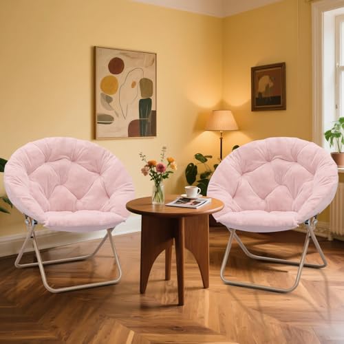 MoNiBloom Round Folding Faux Fur Saucer Chair for Bedroom Living Room Dorm Foldable Metal Frame Oversized Large Comfy Furry Padded Soft Lounge Lazy Cozy Moon Chair for Adults (Pink, 2 Pieces) - color: Pink