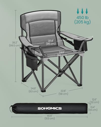 SONGMICS Oversized Lumbar Support Camping Chair, Heavy-Duty Outdoor Folding Chair Comfortable, Padded, Glamping, Cooler Bag, Weight Capacity 450 lb, Slate Gray UGCB066G01 - color: Grey, style: 1PC (24.8"D x 37.4"W x 39.2"H)
