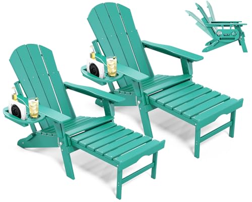 NAVINE Adjustable Adirondack Chair with Retractable Ottoman Set of 2, HDPE Folding Adirondack Chair with Cup Holder, All Weather Fire Pit Chair for Outdoor. - color: Lake Blue, size: 2 pcs