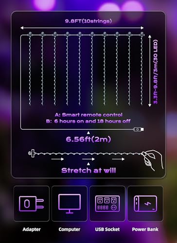 Brightown 300 LED Purple Fairy Curtain Lights, 9.8ft x 9.8ft String Lights, USB Plug in 8 Lighting Modes Christmas String Hanging Lights with Remote for Bedroom Indoor Outdoor Party Xmas Purple 1 Pack - color: Purple, size: 1 Pack-300 LED