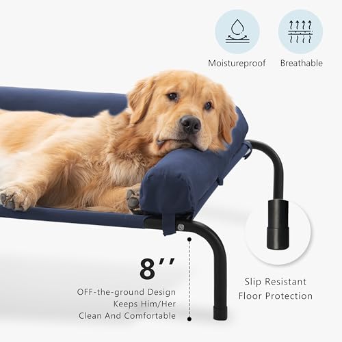 Cooling Elevated Dog Bed for Large Dogs, Outdoor Raised Dog Beds Portable Dogs Cot Bed W/Breathable Mesh, Pet Cots W/Removable Waterproof Bolster - color: Dark Blue, size: 43.0"L x 31.0"W x 8.0"Th