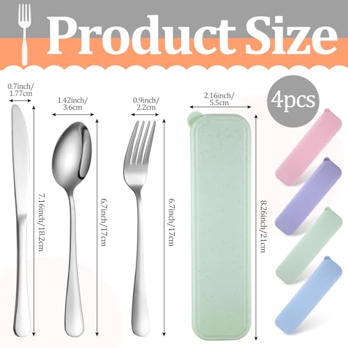 Yinkin 4 Pack Portable Travel Utensils Set with Case Reusable Stainless Steel Silverware Flatware Camping Cutlery Include Fork Spoon Knife for Work School Dishwasher Safe (Purple, Green, Blue, Pink) - color: Purple,Green,Blue,Pink