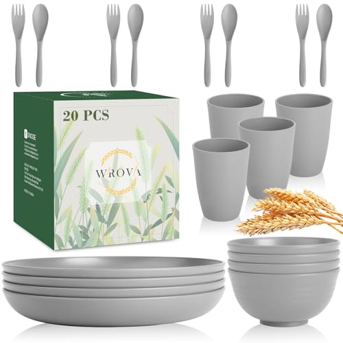 Wrova Wheat Straw Dinnerware Sets of 20,Dishwasher Safe Kitchen Plates and Bowls Sets,Camping Dishes Sets Contains Dinner Plates,Cereal Bowls,Drinking Cups and Flatware.(Grey) - color: Gray, size: 20 Pack