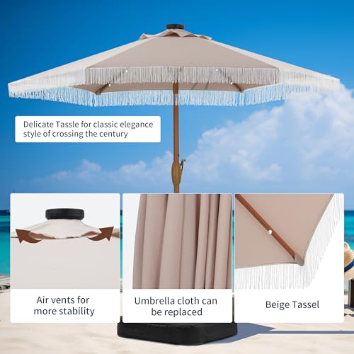GDY 7.5 ft Fringe Patio Umbrella with 18 LED Solar Lights ，Stylish Fringe Decor for Graden, Pool, Beach, Deck, Khaki - color: Camel+18 Lights, size: Umbrella Only