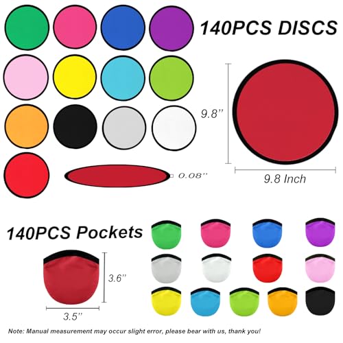 140 PCS Foldable Flying Disc Fans with Bags, 9.8'' DIY Handheld Black Egde Fabric Folding Fan for Outdoor Game Activities Birthday Party Favors Gifts, 14 Colors - color: 14 Colors, size: 140PCS