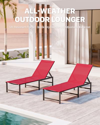 Chaise Lounge Chair Outdoor,Aluminum Patio Lounge Chairs Set of 2,Pool Lounge Chairs with 5 Adjustable Backrest for Outside Beach Lawn and Backyard Red - color: Red, size: 2 Chairs