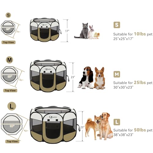 Siedihit Dog Cat Playpen, Small Puppy Pet Playpen, Dog Crate Tent Cage Indoor/Outdoor, Portable Pop Up Dogs Kennel Playpen with Carrying Case for Dogs/Cats/Rabbits(Khaki, Small) - color: Khaki