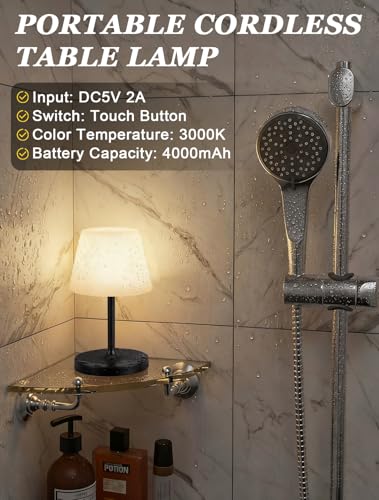 Kakanuo Black Cordless Shower Lamp Waterproof, Rechargeable Cordless Lamp with 4000mAh Battery, Touch Dimmable Table Lamp for Outdoor, Kitchen, Bathroom, Camping, Patio, IP54 - color: Black