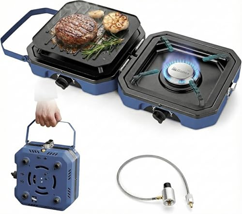 Gonex Camping Stove with 2 Burner Griddle & Grates, Portable Foldable Cooking Stove with Total 16,000 BTU, Two Piezo Ignition Adjustable Burners for Camping (Blue) - color: Blue