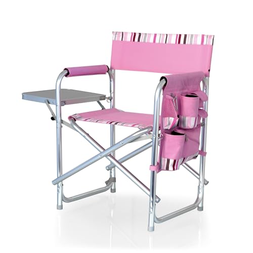 PICNIC TIME Sports Chair with Side Table and Armrest Caddy, Lightweight Aluminum Folding Outdoor Camping Chair for Adults, Portable Director Style Lawn Seating with Pockets & Carry Strap (Pink Stripe) - color: Pink With Pink Stripe Accents