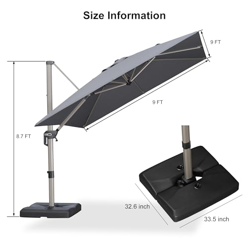 PURPLE LEAF 9FT Patio Umbrella with Base Champagne Square Cantilever Offset Outdoor Umbrella with 360 Rotation for Garden Pool, Light Grey - color: Light Grey, size: 9' x 9'
