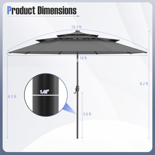 Tangkula 10 FT Solar LED Patio Umbrella, 3-Tier Vented Outdoor Market Table Umbrella with 32 LED Lights, Tilt Adjustment, Crank Handle, 8 Ribs for Backyard Pool Deck (Gray) - color: Gray