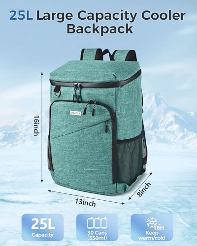 BAGLHER Lightweight Insulated Cooler Backpack - 30 Cans, Leak-Proof for Lunch, Picnic, Hiking, Camping Trips - color: green-core