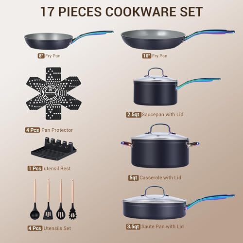 Ammeloo 17 Pcs Ceramic Cookware Set, Induction Pots and Pans Set Non Stick, Premium Colored Stay Cool Handle, Non Toxic PFOA PFOS Free, Oven Safe & Compatible with All Stovetops, Black - color: Fixed Colored Handle