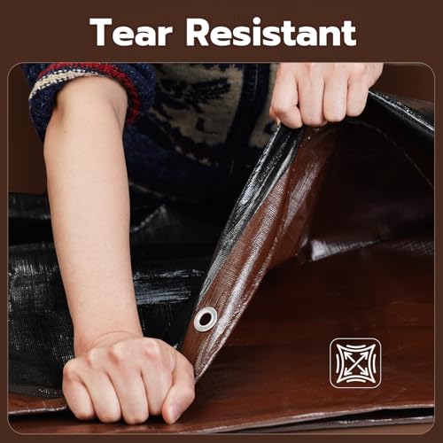 10x10 FT Tarp Waterproof, 16 Mil Tarps Heavy Duty Waterproof Multipurpose Protective Cover UV Resistant Rip & Tear Resistant with Grommets Reversible for Home Boats Cars Camping - color: Brown/Black, size: 10x10