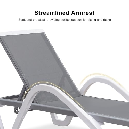 PURPLE LEAF Patio Chaise Lounge Chair Set of 3 Outside Aluminum Plastic Stackable Tanning Chairs with Armrests and Side Table for Pool Sunbathing Beach Deck Outdoor Lounger, Grey - color: Grey, style: 2 chairs(w/Arms) + 1 table