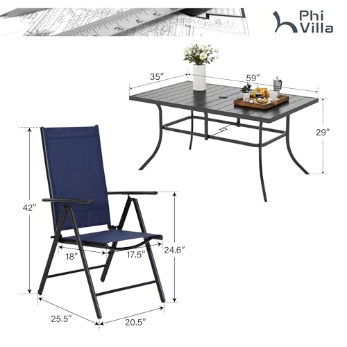 PHI VILLA Patio Dining Set with Outdoor Table and Chairs, Outdoor Dining Table Set for 6 with Adjustable Foldable Patio Chairs & Metal Steel Table for Garden, Blue - color: Blue, size: 7 Piece