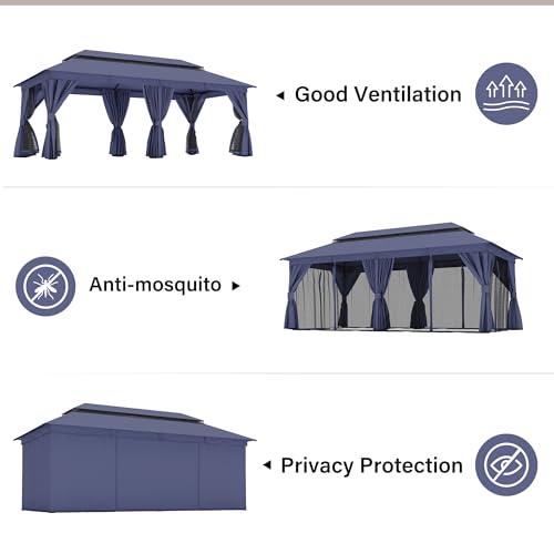 LAUSAINT HOME 10'x20' Outdoor Gazebo with 100FT String Lights, Metal Heavy Duty Patio Canopy Tent with Double Roofs, Mosquito Nettings and Privacy Screens for Backyard, Garden, Lawn, Navy Blue - color: Navy Blue, size: 10'x20' With String Lights
