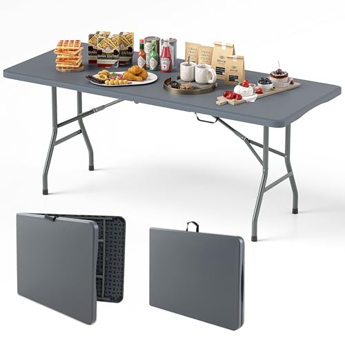 Goplus 6ft Plastic Folding Table, 350 LBS Outdoor Heavy Duty Folding Tables with HDPE Tabletop, Handle, Lock, Foldable Rectangle Portable Utility Card Table for Picnic, Party, Camping, Dining - color: Grey, size: 6 FT