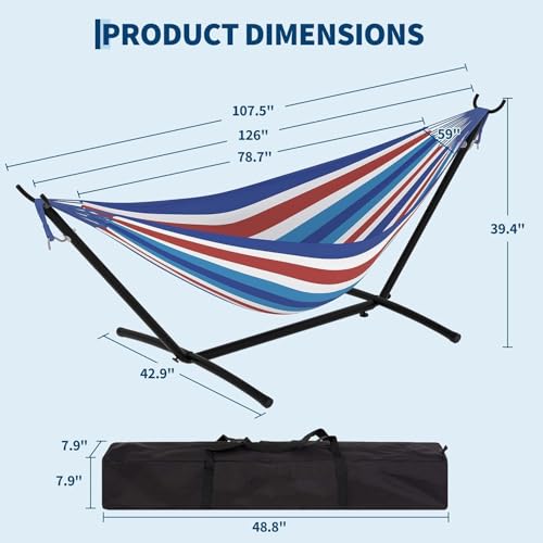 TrailBlaze Double Hammock with Stand, Heavy Duty Portable Steel Hammock Set for Outdoor and Indoor Use, 500lb Capacity, Includes Carrying Bag, Space Saving Design,Quick Assembly - color: Blue, White and Red Stripes