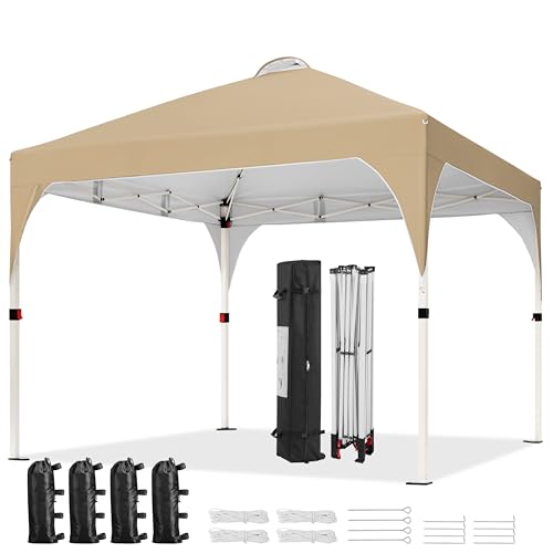Yaheetech 10x10 Pop Up Canopy Tent with Vent, Easy Set Up Tent, Instant Sun Shelter Canopy with Wheeled Bag, 4 Sandbags, 12 Stakes & 4 Ropes, for Parties, Beach, Outdoor, Khaki - color: Khaki, size: 10x10