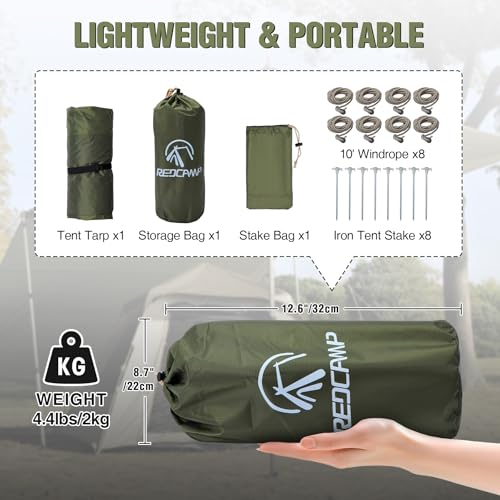 REDCAMP 10x17ft Large Waterproof Camping Tarp, Hammock Rain Fly with UV50+ Sun Protection, 8 Guy Lines & Stakes＋ Aluminum Adjustable Camping Tarp Poles, Set of 2, 90" Telescoping Lightweight Tent Pole