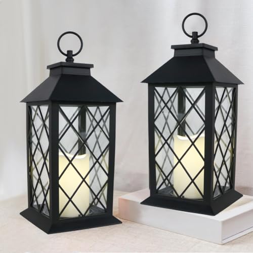 2-Pack 13.5" Vintage Candle Lantern with LED Pillar Light (Black, 6hr Timer) - IP44 Waterproof Battery Powered Decorative Light - Outdoor Hanging Lantern Decorative Indoor Candle Holder - color: [2-pack] Textured Black Lantern - White Candle