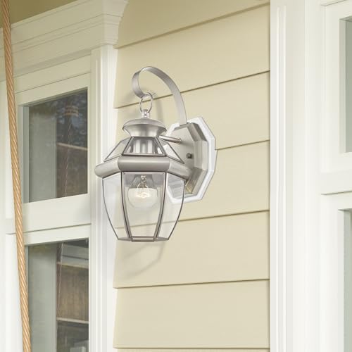 Livex Lighting 2051-91 Monterey 1 Light Outdoor Brushed Nickel Finish Solid Brass Wall Lantern with Clear Beveled Glass - color: Brushed Nickel