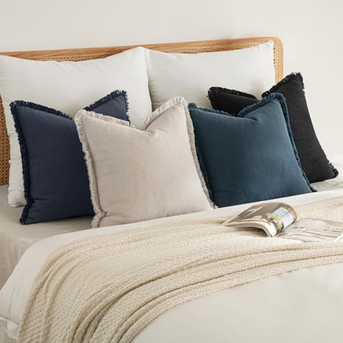 MIULEE Decorative Couch Pillow Covers Neutral Linen Fringe Throw Pillows Set of 4 Boho Farmhouse Cushion Modern Pillowcases for Bed Sofa Living Room Spring Home Decor 18x18 Inch Beige/Coastal Blue - color: Coastal Blue, size: 18" x 18" (Pack of 4)