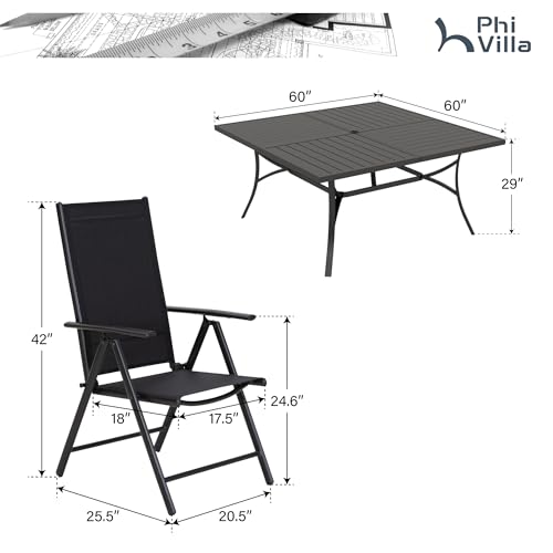 PHI VILLA 9 Piece Patio Dining Set, Outdoor Dining Furniture Patio Table Set with Adjustable Portable Patio Folding Chairs (Black) & Large Square Outdoor Dining Table for Yard, Garden and Lawn - color: Black, size: 9 Piece Square