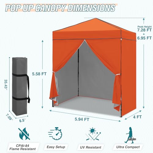 EAGLE PEAK 6x4 Instant Pop Up Canopy Tent with 4 Side Wall Panels, Straight Leg Sun Shelter, Portable Canopy with Carry Bag for Camping, Beach & Sports, Orange - color: Orange, size: Four Walls