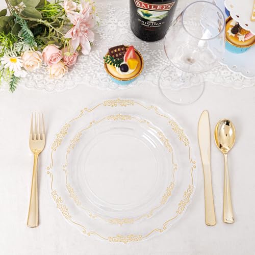 U-QE 100PCS Clear Gold Plastic Plates - Disposable Heavy Duty Clear Plates with Gold Rim Including 50PCS 10'' Dinner Plates & 50PCS 7.5'' Dessert Plates Perfect for Party, Weddings - color: Clear Gold