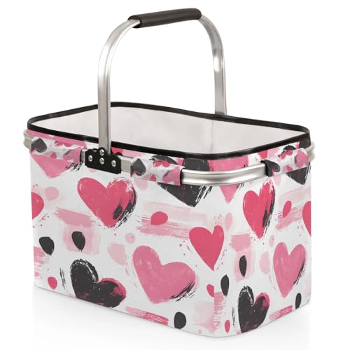 Colorful Love Hearts Picnic Basket Large Collapsible Market Baskets Portable Reuasble Shopping Bags with Handles for Camping Beach Travel - color: Brown